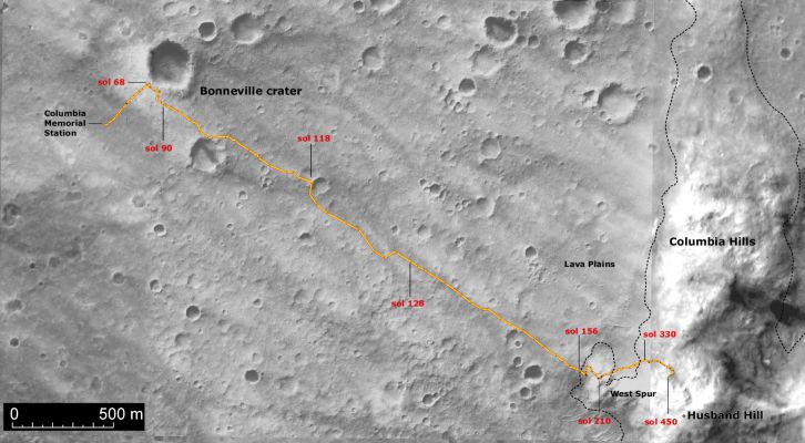 The path of Spirit up to Sol 450
Ancora una Mappa - ottenuta grazie ad immagini MGS - che ci ricorda e spiega il viaggio di Spirit, dal momento del Landing (Columbia Memorial Station), al transito accanto al sempre più  enigmatico Cratere Bonneville (a proposito: fate caso all'estrema definizione e relative dimensioni - colte da un'altezza di quasi 300 Km! - del 'presunto Heat-Shield' che giace sul bordo del Cratere ad ore 12 e poi provate a rileggerVi la dissertazione "Space Heat Shields" del Dr Feltri nella Sezione "Investigations"...), attraverso la distesa di rocce laviche chiamata Santa Anita e sino all'ascesa sulla Collina Husband, passando attraverso il West Spur (update Sol 450).
Il "riassunto" della marcia di Spirit, ottenuto con questo tipo di grafica, è davvero suggestivo ed agevolmente leggibile anche per chi, pur non essendo esperto di mappe e planimetrie, volesse solo farsi un'idea della geografia della zona che Spirit, da oltre un anno, sta visitando.
Parole chiave: Mars Maps