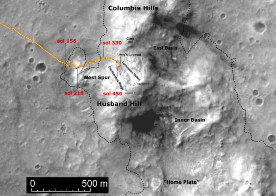 The path of Spirit up to Sol 450
Caption NASA originale:"This orbital view shows the path of Spirit's trek through the "Columbia Hills," beginning on the "West Spur" on Sol 156 (June 11, 2004) and continuing up the flanks of "Husband Hill." The dashed line indicates the perimeter of the Columbia Hills, which consist of older rocks of different composition than those of the surrounding plain. The path of Spirit's trek is overlain on imagery from the Mars Orbiter Camera on NASA's Mars Global Surveyor. The 500-meter scale bar is equivalent to 1.640 feet".
Parole chiave: Mars Maps