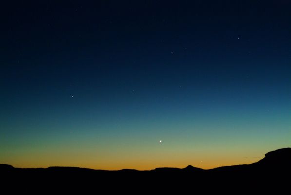 Mercury, Venus and Saturn in the Western Sky
Da "NASA - Picture of the Day" del 24 Giugno 2005:" This weekend three planets will grace the Western Sky, forming a lovely trio easily visible shortly after sunset. Saturday evening in particular will find Saturn, Venus and Mercury all within a 2° circle (about the size of your thumb held at arm's length) above the Western Horizon. Recorded last Sunday, June 19, this image shows the same 3 planets arrayed along the ecliptic plane above a Colorado Rocky Mountain skyline. Venus is easiest to pick out of the twilight, the brightest celestial beacon below picture center, with Saturn above and to the left of Venus and Mercury closest to the horizon, right of prominent Pinnacle Peak. By Saturday, the wandering planets will draw even closer together (...)".
Parole chiave: Artistic Pictures