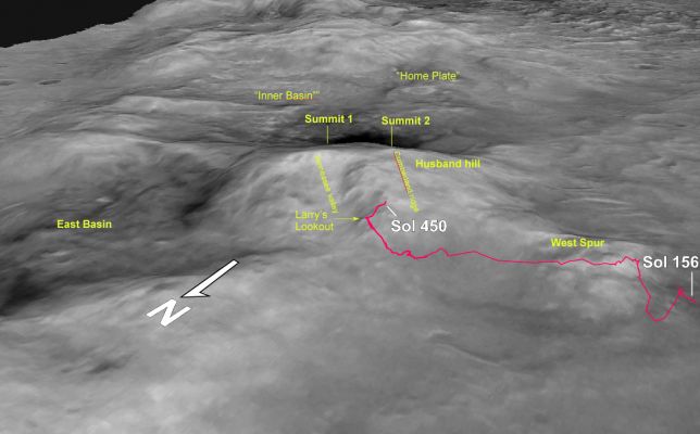 Columbia Hills' Perspective View (from MGS)
Caption NASA originale:"This perspective view of a 3D terrain model shows the shape of the "Columbia Hills" landscape where NASA's Mars Exploration Rover Spirit has been working since mid-2004. 
North is toward the lower left. 
Husband Hill is at the center, with the Inner Basin behind it. This view is from images taken by the Mars Orbiter Camera on NASA's Mars Global Surveyor and processed into a 3D terrain model by the U.S. Geological Survey - USGS". 
Parole chiave: Mars Maps