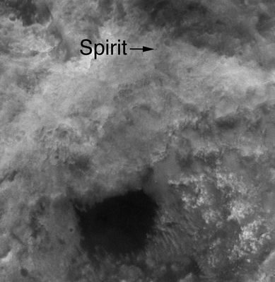 MOC2-1331c: Spirit Location, 2 November 2005 - Where's "MER Spirit"? (2)
Original caption:"This picture (MOC2-1331c) shows the Spirit Rover at its 2 November 2005 (Sol 652) location. 
Dr. Timothy J. Parker of the MER Team at the NASA/Caltech Jet Propulsion Laboratory confirmed the location of the Rover in the MOC image. 
The Region South (toward the bottom) of these images shows the area where the Rover is currently headed. 
The large dark patch and other similar dark patches in these images are accumulations of windblown sand and granules".
Parole chiave: Mars from orbit - cPROTO images - Husband Hill