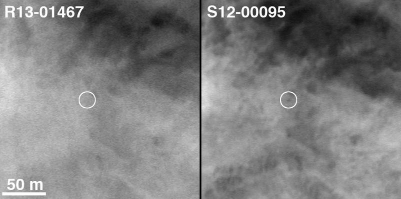 MOC2-1331d: A "before" image from January 2004 (left) and the Rover image from November 2005 (right) - Where's "MER Spirit"? (3)
Original caption:"This picture (MOC2-1331d) shows the location of the Rover in the 2 November 2005 image (S12-00095) inside a white circle. This is compared with the view taken on 10 January 2004 in R13-01467. Back on 10 January 2004, very few ever dreamed that the Rover would ever reach the Columbia Hills. 
A Mars year later, the Rover was at the Summit and then headed down the other side of the Hills".

Location near: 14,8° S; 184,6° W  
MOC2-1331a Image width: ~3 Km (~1,9 mi); 
MOC2-1331d 50 mt scale bar = 164 ft  
Illumination from: left  
Season: Southern Summer in both R13-01467 and S12-00095  

Parole chiave: Mars from orbit - Husband Hill