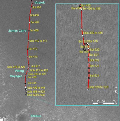 Opportunity's Traverse Map through Sol 530
Una Mappa interessante ma che richiede un piccolo commento: è un peccato che da questa immagine non si riescano a cogliere le "linee" disegnate dai Side-Winders. 
Se fosse possibile (almeno) intravederli, infatti, i passaggi del Rover da canale a canale (from through to through) - dato e premesso che ad (e per) ogni cresta di Side-Winder, e cioè la parte più difficile da superare, fa seguito un avvallamento, o through, o canale - risulterebbero, a nostro parere, molto più chiari e comprensibili. 

Ora come ora e con questo tipo di Mappa, invece, la marcia del Rover  Opportunity verso Erebus Crater ('via Erebus Highway' - che qui non si vede nè si intuisce) appare di comprensione piuttosto difficile .
Parole chiave: Mars Maps