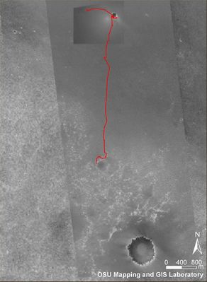 Opportunity Traverse Map: let's go to Victoria!
Original caption:"This image shows the route that Opportunity had driven through its 659th Martian day, or Sol, (Dec. 1, 2005) relative to the potential destination of "Victoria Crater" farther South. The base image is a portion of a mosaic (previously released as PIA07506) combining images from the Mars Observer Camera on NASA's Mars Global Surveyor Orbiter, the Thermal Emission Imaging System on NASA's Mars Odyssey Orbiter and Opportunity's own Descent Image Motion Estimation System. The scale bar at lower right is 800 mt (about one-half of a mile)". 
Parole chiave: Mars Maps