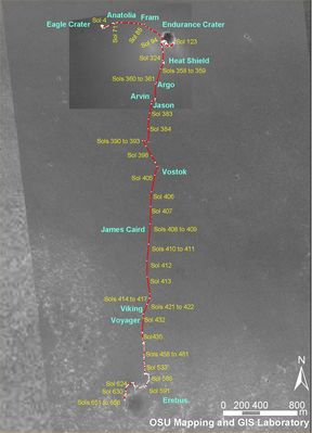 Opportunity Traverse Map: up to Erebus Crater (annotated)
Original caption:"This image shows the route that Opportunity has taken from its landing site inside Eagle Crater to its position on its 656th Sol (such as Nov. 27, 2005) at the edge of Erebus Crater. The base image is a portion of a mosaic (previously released as PIA07506) combining images from the Mars Observer Camera on NASA's Mars Global Surveyor orbiter, the Thermal Emission Imaging System on NASA's Mars Odyssey orbiter and Opportunity's own Descent Image Motion Estimation System. The scale bar at lower right is 800 mt (about one-half of a mile). 
As of Sol 656, Opportunity had driven a total of 6.502 meters (about 4,04 miles)". 
Parole chiave: Mars Maps