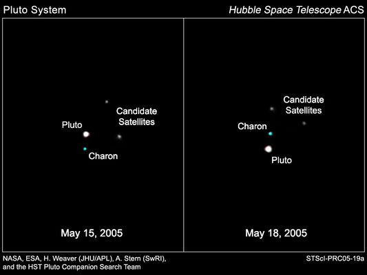 Pluto's System: the movements of the bodies in three days
These HST images, taken by the Advanced Camera for Surveys, reveal Pluto, its large moon Charon, and the planet's two new candidate satellites. Between May 15 and May 18, 2005, Charon, and the putative moons, provisionally designated P1 and P2, all appear to rotate counterclockwise around Pluto. P1 and P2 move less than Charon because they are farther from Pluto and therefore would be orbiting at slower speeds. P1 and P2 are thousands of times less bright than Pluto and Charon. The enhanced-color images of Pluto (the brightest object) and Charon (to the right of Pluto) were constructed by combining short exposure images taken in filters near 475 nnmts (blue) and 555 nnmts (green-yellow). The image of the new moons were made from longer exposures taken in a single filter centered near 606 nnmts (yellow) and therefore no color information is available for them.


Parole chiave: Hubble Images