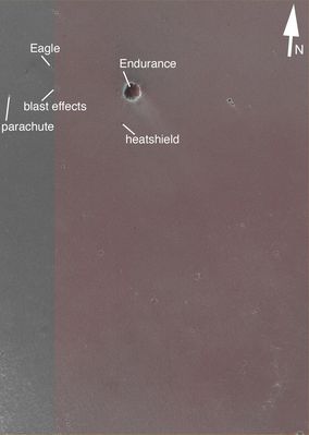 From the Landing Site up to Endurance Crater (HR)
Original caption:"It was two years ago that the MER Opportunity landed on Meridiani Planum. 
The Rover marked its first Mars-year (equivalent to 687 Earth Days - and therefore 2 Earth years) in December 2005. 
In the picture shown here the "key-sites" have been labeled and the colored portion is a 3D stereo-anaglyph which can be viewed using red (left eye) and a blue (right eye) glasses.

During the landing in January 2004, rockets were fired to slow the final descent, just before the inflated airbags (containing the folded-up Lander and Rover) were released. The rockets disturbed the sandy surface at the location labeled "blast effects".
Following release, the airbags bounced and rolled until coming to rest inside Eagle Crater. The Lander, in fact, can be seen as a bright spot near the center of Eagle Crater. 
Meanwhile, the jettisoned parachute and backshell landed to the South-West of Eagle while the Heatshield fell just South-West of Endurance Crater".
Parole chiave: Mars from orbit - Meridiani Planum