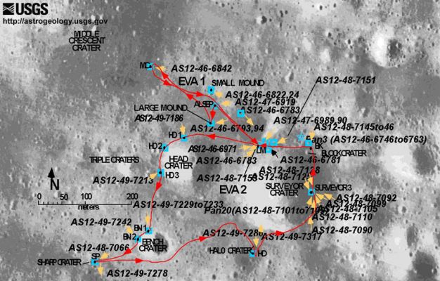 The Apollo 12 Landing Site
Siamo riusciti, cercando e ricercando fra i tanti Siti (Governativi e non) che si occupano ancora del Programma Apollo, a reperire delle interessantissime ed estremamente dettagliate Mappe dei siti di allunaggio, comprensive di riferimenti fotografici. Ve le proponiamo così come sono, per il Vostro piacere. Per quanto riguarda Lunar Explorer, ci vorrà parecchio tempo prima di poter esprimere delle compiute valutazioni sull'utilità di questo materiale per le nostre specifiche ricerche. 
Parole chiave: Moon Maps