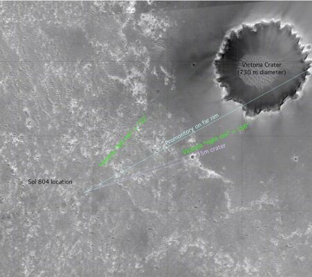 Next Stop: Victoria Crater!
Caption NASA originale:"This image from the Mars Orbiter Camera on NASA's Mars Global Surveyor highlights the MER Opportunity's approach toward Victoria Crater.

North is to the left. Opportunity's location at Sol 804 (such as April 29, 2006) is marked, as are the left and right edges of Victoria's rim from the Rover's point of view. The labeled "promontory" is a bright spot that scientists believe is an outcrop on the far side of the crater. Marked in light purple is a small, 35-mt (about 115-foot) crater.

Victoria Crater is 800 mt (nearly half a mile) in diameter, about six times wider than Endurance Crater, where Opportunity spent several months in 2004 examining rock layers affected by ancient water". 
Parole chiave: Mars from orbit - Meridiani Planum