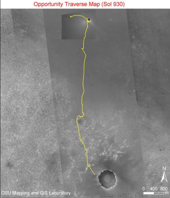 All the way, until Victoria...
Caption NASA originale:"The team managing NASA's MER Opportunity had set Victoria Crater as a long-term destination even before the Rover climbed out of Endurance Crater, in December 2004. As of early September 2006, Opportunity has driven more than 7,2 Km (about 4,5 miles) since leaving Endurance and is now approaching Victoria. 

Victoria is the large crater near the bottom of this map made from images taken by the Mars Orbiter Camera on NASA's Mars Global Surveyor. The gold line traces Opportunity's path Eastward then Southward from Eagle Crater, where it landed, to Endurance Crater, where it spent six months, and nearly to Victoria. The south end of the line indicates the Opportunity's location as of the Rover's 930th Sol (such as Sept. 5, 2006). Victoria is about 750 mt (approx. 0,47 mile) in diameter, or about six times wider than Endurance and 35 time wider than Eagle. The scale bar at lower right shows the length of 800 meters (about 0,50 mile)".
Parole chiave: Mars Maps