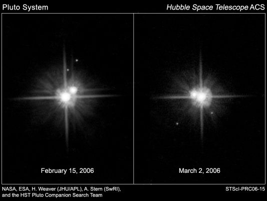 Pluto's System
This pair of NASA HST images shows the motion of Pluto's satellites between February 15th and March 2nd, 2006. 
Both images were taken through a red filter (F606W) using the High Resolution Channel (HRC) of the Advanced Camera for Surveys (ACS). During this 15-day period, Pluto's newly-discovered satellite S/2005 P 2 (P2 for short) moved counterclockwise from the noon position to the 5 o'clock position, while the other newly-discovered satellite S/2005 P 1 (P1 for short) moved counterclockwise from the 1 o'clock position to the 7 o'clock position. During that same period, Pluto's much larger and closer moon, Charon, started near the 2 o'clock position, made more than two complete counterclockwise revolutions around Pluto and ended up near the 10 o' clock position. The motions of P1 and P2 confirm that these satellites are orbiting Pluto in the same plane as Charon's orbit, as expected if all the 3 moons were created during a single - and gigantic - impact event.
Parole chiave: Hubble Images - Pluto