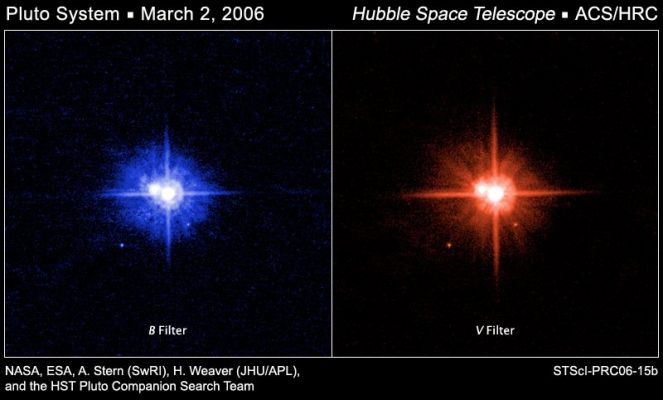 The "colors" of Pluto's System
The latest NASA HST images of Pluto's two newly discovered satellites reveal that the new moons have the same color as Charon. 
All three of Pluto's satellites reflect the Sun's light equally across the visible spectrum and have essentially the same color as Earth's moon. Pluto, in contrast, has a reddish hue. 
The common color of the moons further reinforces the idea that all three moons were born from a single titanic collision between Pluto and another similarly sized Kuiper Belt object billions of years ago. 
The color exposures were made on March 2nd in both red (F606W) and blue (F435W) filters using Hubble's Advanced Camera for Surveys. The Pluto team hopes to make further observations in more color filters to more precisely characterize the moons.
Parole chiave: Hubble Images - Pluto