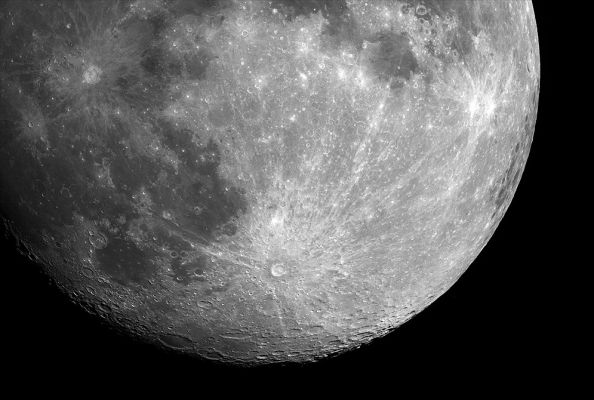 Tycho and Copernicus Crater
Caption NASA originale:"Dazzling in binoculars or a small telescope, the Moon is pocked with impact craters. During partial lunar phases, the craters along the terminator are cast in dramatic relief by strong shadows. But when the Moon is full, some craters seem to sprout systems of bright radial lines or rays. This detailed close-up of the full Moon features two prominent ray craters, Copernicus (upper left) and Tycho (lower right), each with extensive ray systems of light colored debris blasted out by the crater-forming impacts. In general, ray craters are relatively young as their rays overlay the lunar terrain. In fact, at 85 Km wide, Tycho, with its far reaching rays, is the youngest large crater on the nearside. Crater Copernicus, surrounded by dark mare which contrast nicely with its bright rays, is 93 Km in diameter".
Parole chiave: The Moon from Earth