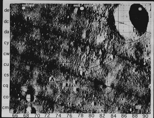 Fra Mauro - Mission Overview
Apollo 14 (CSM Kitty Hawk and LM Antares)
Saturn V
January 31-February 09, 1971
Alan B. Shepard, Jr.
Stuart A. Roosa
Edgar D. Mitchell

09 days, 0 hours, 2 minutes
Landing site: Fra Mauro.
Landing Coordinates: 3.64544 degrees south, 17.47139 degrees West
(Source: National Space Science Data Center)

ALSEP and other instruments deployed. Lunar surface stay-time, 33.5 hours; 67 hours in lunar orbit, with 34 orbits. 2 EVAs of 09 hours, 25 minutes. Third stage impacted on Moon. 42 kg (94 lbs) of materials gathered, using hand cart for first time to transport rocks.
Parole chiave: Mission Overview