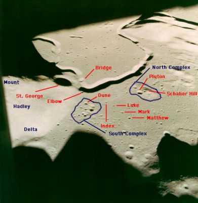 The Hadley-Apennine Region - Mission Overview
Apollo 15 (CSM Endeavour and LM Falcon)
Saturn V
July 26-August 07, 1971
David R. Scott
James B. Irwin
Alfred M. Worden

12 days, 17 hours, 12 minutes
Landing site: Hadley-Apennine region near Apennine Mountains.
Landing Coordinates: 26.13224 degrees North, 3.63400 degrees East
(Source: National Space Science Data Center)

3 EVAs of 18 hours, 30 minutes plus 33-minute Stand-up EVA. Worden performed 38-minute transearth EVA. First mission to carry orbital sensors in service module of CSM. ALSEP deployed. Scientific payload landed on Moon doubled. Improved spacesuits gave increased mobility and stay-time. Lunar surface stay- time, 66.9 hours. Lunar Roving Vehicle (LRV), electric-powered, 4-wheel drive car, traversed total 27.9 km (17 mi). In lunar orbit 145 hours, with 74 orbits. Small subsatellite left in lunar orbit for first time. 76.6 kgs (169 lbs) of material gathered. 
Parole chiave: Mission Overview
