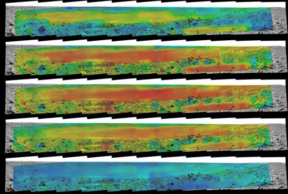 Temperatures at Bonneville Crater during the Martian Day
Una mappatura delle temperature approssimative del Cratere Bonneville a diverse ore del giorno. E' un documento da leggere in relazione a quanto visto sia a proposito delle temperature medie di Marte, sia con riguardo ad una simile mappatura fatta per il Cratere Endurance. EccoVi una porzione della caption NASA originale:"...The times of the subsequent frames are 11:49 a.m., 1:35, 2:35 and 4:39 p.m. In this color-coded map, quicker reddening during the day suggests sand or dust. (Red is about 270 Kelvin or 27 deg. Fahrenheit or approx. -3° C). An example of this is in the shallow depression in the right foreground. Areas that stay blue longer into the day have larger rocks. (Blue indicates about 230 Kelvin or -45 deg. Fahrenheit)...".
Parole chiave: Bonneville Crater