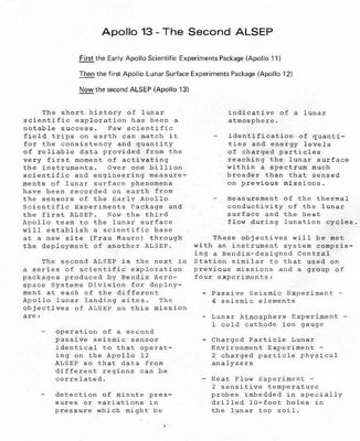 The "Second - but missed... - ALSEP"
Ma che cosa è questo ALSEP di cui, ogni tanto, si sente parlare? 
Ebbene, per rispondere a questa domanda (per nulla gratuita) abbiamo deciso di pubblicare, proprio nella Sezione dedicata all'Apollo 13 - ossìa la cronaca di un "allunaggio mancato" - il dettaglio di alcune delle maggiori dotazioni scientifiche standard impiegate dagli Astronauti sulla Luna durante le Missioni Apollo.

ALSEP sta per "Apollo Lunar Surface Experiment Package": il complesso di attrezzature scientifiche da impiegarsi per l'effettuazione di una serie di esperimenti destinati a 'dirci qualcosa di più' del nostro unico Satellite Naturale.
Parole chiave: Apollo 13 Technical Files