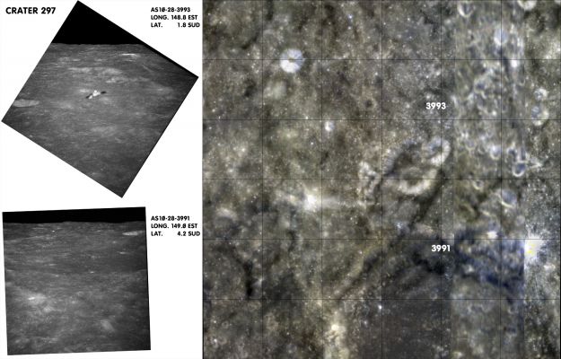 Crater 297 and "artificial blurring" over the Moon
Un bellissimo fotomosaico regalatoci dal Dr Alessio Feltri per vedere non solo la zona sorvolata dall'Apollo 10 al momento del suo 'strano incontro' con quello che abbiamo definito "space debris" (rottame spaziale), ma anche un (nuovo) esempio di come la NASA (o chi per essa...) manipola, altera ed infine confonde le immagini (probabilmente) imbarazzanti della superficie lunare.

Scopo della sfuocatura che vediamo nel frame Clementine alla Vostra Dx? Beh, noi non lo sappiamo, ma Voi potete sempre provare a chiedere lumi alla NASA...
Parole chiave: The Moon from orbit - Craters - Crater 297