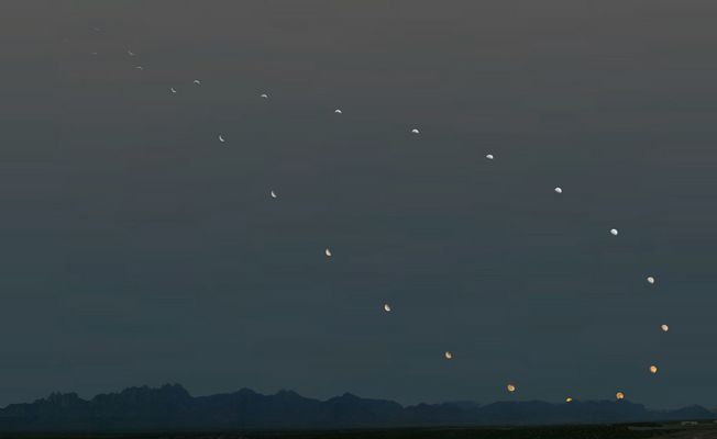 Moon's analemma (New Mexico)
Da "NASA - Picture of the Day" del 13 Luglio 2005:"An analemma is an 8-like curve that is gotten when you mark the position of the Sun at the same time each day for 1 year. To imaging an analemma of the Moon it is necessary to understand that, on average, the Moon returns to the same position in the sky about 51' later each day. So, photographing the Moon 51' later on successive days, over one lunation (or Lunar month) it will trace out an analemma-like curve as the actual position of the Moon wanders compared to the average - due to the Moon's tilted and elliptical orbit. (...) Multiple exposure image required some digital manipulation, particularly to include thin crescent phases in daytime skies".
Parole chiave: The Moon from Earth