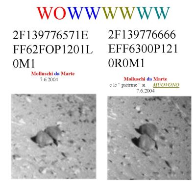 Movin' on!!!
Allora: secondo Voi anche in questo caso la risposta è in un mero cambio di prospettiva o una delle "pietre" (o forse entrambe?) si è/sono - effettivamente - mossa/e? 
E se sono le "pietre" a muoversi, come spieghiamo quella specie di "coda" che sembra allungarsi e stendersi sul terreno?
Parole chiave: Mars rocks, sand and debris - Controversial image