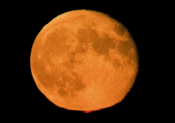A "red flash" on the Moon
Da "NASA - Picture of the Day", del 22 Settembre 2005:"This remarkable telescopic image highlights the deep orange cast of a waning gibbous Moon seen very close to the eastern horizon on September 19. In fact, today's equinox at 22:23 UT marks the beginning of Fall in the Northern Hemisphere and makes this view from Stuttgart, Germany an almost Autumn Moon. While the long sight-line through the atmosphere filters and reddens the moonlight, it also bends different colors of light through slightly different angles, producing noticeable red (bottom) and green (top) lunar rims. Also captured here floating just below the Moon is a thin, red mirage (inset) - in this case, an atmospherically magnified and distorted image of the red rim. Of course, this tantalizing lunar 'red flash' is related to the more commonly seen 'green flash' of the Sun".
Parole chiave: The Moon from Earth