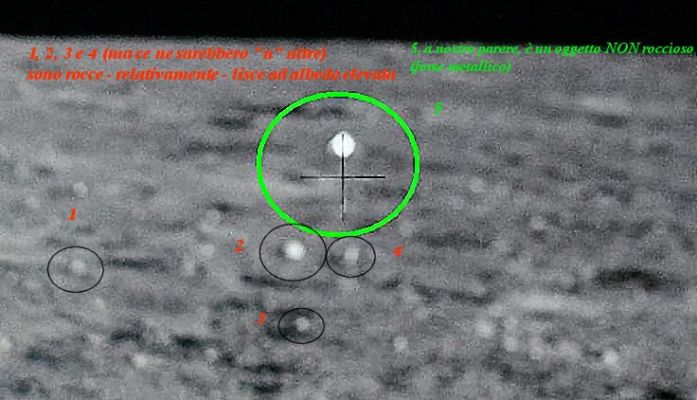 AS 12-46-6831 (detail mgnf - HR) - A Lunar "Mirror"?
Forse si tratta solo di un curioso (sebbene molto accentuato) "effetto di illuminazione", ossìa un artefatto fotografico il quale è il risultato della combinazione di diversi elementi, tra cui evidenziamo: 

1) l'oggetto ripreso è sfuocato (ampiamente);
2) esso, rispetto alla dimensione media delle rocce che lo circondano, è decisamente più grande;
3) la sua "tessitura superficiale" è liscia (forse una roccia piatta?);
4) probabilmente esso non è ricoperto da polveri e 
5) la sua albedo (che deriva - anche - da quanto sopra) è molto alta.

Può anche darsi che si tratti di un corpo metallico - come scriviamo sul frame - e, addirittura, una dotazione degli Astronauti. Lo si vede molto bene anche nei due frames successivi e la sensazione (nulla di più) che si ottiene è che possa trattarsi di un oggetto sferico che poggia sopra un basamento ad arco.
Parole chiave: Lunar Surface - rocks - controversial