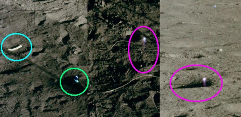 AS 12-46-6868 (HR) - Superimposed Photoartifacts?
Le piccole "bolle di luce" che avete visto accanto alla Bandiera Americana nel frame precedente oppure accanto ai cavi distesi sulla superficie della Luna o "in emersione" da un cratere in questo frame, sono la versione digitale (rectius: digitalizzata) della famosissima "flare-like light" del frame Apollo 11 AS 11-37-5455. 
In quel caso ed in quel contesto, la piccola "bolla di luce" fu un'autentica e (quasi) unica "chicca" per gli Anomaly Hunters: un insperato benefit che fu concesso da una censura scarsa e poco filtrante. Come fare, quindi, a screditare la rivelazione di AS 11-37-5455? Riprendendo la medesima Anomalìa e riproponendola (incollandola digitalmente) come un VISTOSO Photoartifact in "n" altri frames in cui non è difficile notare l'incongruenza del dettaglio con il panorama ripreso. 
E l'Anomaly Hunter inesperto o "troppo mite" si ritroverà a pensare:"Ma se questo è un photoartifact allora forse anche quello di AS 11-37-5455 doveva esserlo...". Ed il gioco è fatto: auto-screditando un numero "n" di frames innocui e privi di "spunti", si annulla il valore storico di UN frame estremamente periglioso.

E così via.

A nostro modo di vedere - e sperando di essere stati abbastanza chiari su questa spinosissima questione - i photoartifacts del frame precedente e di questo, sono TUTTI "Superimposed Photoartifacts".
L'ottimo Dr Barca ne ha trovati alcuni ma, credeteci, ce ne sono centinaia di altri: tutti ingannevoli, tutti creati ex-post.

E se Vi chiedete come facciamo ad esserne così sicuri, Vi diremo che di questi due frames (come di molti altri) abbiamo non solo le versioni HR, ma anche quelle Original and uncompressed ed in esse...Le "fiammelle volanti" NON ci sono! 

Ovviamente.
Parole chiave: Lunar Surface - Controversial