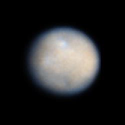 1-Ceres (natural colors, from HST - credits: NASA/ESA et al.)
Caption  NASA:"This is a NASA Hubble Space Telescope color image of 1-Ceres, the largest object in the Asteroid Belt. 
Astronomers enhanced the sharpness in these Advanced Camera for Surveys images to bring out features on Ceres' surface, including brighter and darker regions that could be asteroid impact features. 
The observations were made in Visible and UV Light between December 2003 and January 2004. 
The colors represent the differences between relatively red and blue regions. These differences may simply be due to variation on the surface among different types of material. 

Ceres' round shape suggests that its interior is layered like those of terrestrial planets such as Earth. Ceres may have a rocky inner core, an icy mantle, and a thin, dusty outer crust inferred from its density and rotation rate of 9 hours. Ceres is approximately 590 miles (about 950 Km) across and was first discovered in 1801".
Parole chiave: 1-Ceres