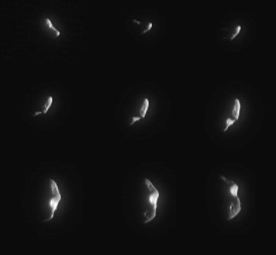 Views of 433-Eros
This montage of images of the asteroid Eros was assembled from images acquired by the Near Earth Asteroid Rendezvous (NEAR) Spacecraft on December 23, 1998, as the Spacecraft flew by the asteroid at a distance of 2300 miles (3800 Km) at 1:43 PM EST. Shown are nine early views out of 29 that were obtained during the flyby. These images were taken between 10:44 AM and 12:44 PM EST, as the Spacecraft range closed from 7300 miles (such as abou 11.100) Km, to 3300 miles (such as approx. 5300 Km). 

During that time, the Asteroid completed nearly half of a rotation. The smallest resolved detail is approximately 1650 feet (500 meters) across. 

A firing of the main engine at 17:00, EST, on December 20, 1998, designed to slow the Spacecraft for insertion into orbit around the Asteroid, was aborted by the Spacecraft. Contact with ground controllers was temporarily lost, but was regained at 20:00 EST on December 21, when autonomous Spacecraft safety protocols took over and transmitted a signal to the ground. All spacecraft systems were determined to be healthy and operational. 

Within hours, a flyby observation sequence was developed and uploaded to the Spacecraft. 

1026 images were acquired by the Multispectral Imager, to determine the size, shape, morphology, rotational state, and color properties of Eros, and to search for small moons. 

The Infrared Spectrometer measured spectral properties of the Asteroid to determine what minerals were present, and the Magnetometer searched for a natural Magnetic Field. 

Analysis of the Spacecraft radio signal were also used to determine the asteroid's mass and density. 

The main engine was fired successfully on January 3, 1999, placing NEAR on-course for a February 2000 rendezvous. 

Eros is NEAR's second asteroid encountered. On June 27, 1997, NEAR flew by the Main-Belt Asteroid Mathilde at a range of approx. 1212 Km (750 miles).
Parole chiave: Asteroids - 433-Eros