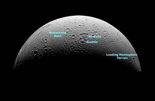 Arabian Nights...On Enceladus!
Caption NASA:"This 3-image mosaic is the highest resolution view yet obtained of Enceladus' North Polar Region. The view looks southward over cratered plains from high above the North Pole of Enceladus. 
Cassini's March 2008 flyby of Enceladus was designed to directly investigate the ongoing plume activity at the moon’s South Pole, but the path of the spacecraft allowed investigation of older evidence for internal activity near the North Pole. 
Compared to much of the moon's Southern Hemisphere - the South Polar Region in particular - the North Polar Region is much older and covered with craters. These craters are captured at different stages of disruption and alteration by tectonic activity and probably past heating from below. Many of the craters seen here are sliced by small parallel cracks that seem to be ubiquitous throughout the old cratered terrains on Enceladus. The mosaic also shows a variety of impact crater shapes, some with bowed-up floors and smaller craters within, very likely indicating that the icy crust in this area was at some time warmer than at present. While this conclusion was previously reached from NASA Voyager spacecraft images, these new data provide a much more detailed look at the fractures that modify the surface. This data will give a significantly improved comparison of the geologic history at the satellite's north pole with that at the South Pole. 

Two prominent craters in this view, Ali Baba and Aladdin (the two overlapping craters near center), are among the largest craters known on Enceladus. 

Several areas of much younger terrain are visible in this mosaic, including Samarkand Sulci, an area of disrupted terrain that runs North-South at left of center, and the "Leading Hemisphere Terrain", a region, seen at right, filled with tectonic fractures, ridges and "ridged terrain". 

Samarkand Sulci slices through some prominent craters that were seen in Voyager images. At that time, it was thought that the portions of the craters that extend into Samarkand were completely destroyed by whatever process formed Samarkand. However, Cassini images show remnants of the crater rims that have survived. This new insight provides a benchmark for measuring how tectonic processes modify older terrains, and will also help imaging scientists develop a more accurate timeline for the geologic history of these terrains. 
Lit terrain seen here is on the Saturn-Facing Hemisphere of Enceladus. 

The image was taken in visible light with the Cassini spacecraft narrow-angle camera on March 12, 2008. The view was acquired at a distance of approx. 32.000 Km (about 20.000 miles) from Enceladus and at a Sun-Enceladus-spacecraft, or phase, angle of 115°. 
Image scale is roughly 176 meters (577 feet) per pixel".
Parole chiave: Saturn's Moons - Enceladus