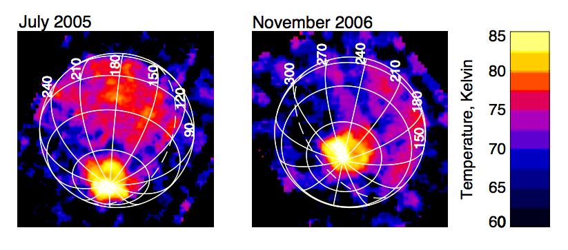 Active Enceladus
On Nov. 9, 2006, Cassini's Composite Infrared Spectrometer captured its first view of the Infrared Heat Radiation emanating from the "Tiger Stripe" fractures at the South Pole of Saturn's moon Enceladus (right) since the discovery of the hot spot 16 months earlier (left). The original discovery was made just before a close flyby of Enceladus on July 14, 2006, and coincided with the discovery of plumes of water-rich gas and ice particles jetting out of the Tiger Stripes. However, the spacecraft's orbit did not provide any good views of the South Pole for follow-up observations until November 2006. 
The new observations were made from a range of 110.000 Km (68.350 miles), slightly more distant than the 80.000-Km range (49.700 miles) of the original observations. 
Comparison of the two images shows that the South Polar Region continues to be active, and the distribution of temperatures there has changed little in 16 months. 
The distribution of Heat Radiation suggests that most or all of the South Polar heat comes from the Tiger Stripes themselves, though the individual stripes are not resolved at the approximate 30-Km (19-mile) spatial resolution of these images. 
The images show the intensity of Heat Radiation in the 10- to 16-micron wavelength range, translated into temperature and displayed in false color. 
Peak South Polar temperature on both dates reached about 85 Kelvin (- 306 degr. Fahrenheit), averaged over the 30-Km (19-mile) spatial resolution of the data. However, the variation in brightness with wavelength, which is also measured by the Composite Infrared Spectrometer, reveals that the warm region includes small areas, possibly zones a few 100 mt (320 feet) wide along the length of the Tiger Stripes, that are at higher temperatures, reaching at least 130 Kelvin (- 225 degr. Fahrenheit) and perhaps much warmer still. 

While the South Polar Tiger Stripes are almost certainly heated by energy from the moon's interior, daytime regions at low latitudes are warmed by sunlight to temperatures in the high 70s Kelvin (about - 320 degrees Fahrenheit). 
The white numbers on the images show West Longitudes on Enceladus, which is 500 Km (310 miles) in diameter. 
The dashed line shows the Terminator, the boundary between day and night. 
The blotchy appearance of the cooler regions away from the South Pole, and of the sky beyond the globe of Enceladus, is an artifact resulting from the fact that apart from the Polar Hot Spot, the Composite Infrared Spectrometer can barely detect the very faint Heat Radiation from this very cold moon.
Parole chiave: Saturn's Moons - Enceladus