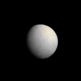 Icy Oasis (MULTISPECTRUM-2; credits: Lunexit)
Caption NASA:"With its excess warmth, water ice jets and huge vapor plume laced with simple organic materials, Enceladus is an important part of the quest to understand environments compatible with the chemistry of life as we know it. The Sulci, or "Tiger Stripe" fractures, in the South Polar Region are visible at bottom -- the view here is parallel to the direction of the Sulci. 
The view looks toward the anti-Saturn Hemisphere on the moon's Trailing Side. North on Enceladus is towards the top of the image. 

This view is a composite of individual frames obtained using filters sensitive to ultraviolet (centered at 338 nanometers), green (centered at 568 nanometers) and infrared light (centered at 1002 nanometers). 
The broad range of wavelengths exaggerates subtle color variations across the moon's surface. 

The images were acquired with the Cassini spacecraft narrow-angle camera on May 11, 2008. 
The view was obtained at a distance of approx. 739.000 Km (such as about 459.000 miles) from Enceladus and at Phase Angle of 36°. 
Image scale is roughly 4 Km (about 2,5 miles) per pixel".
Parole chiave: Saturn's Moons - Enceladus