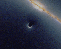 Gravitational Lensing
Lensing by a Black Hole. This is an animated simulation of a phenomenon known as "Gravitational Lensing" and as caused by a Schwarzschild-type Black Hole moving in front of a background Galaxy. A secondary image of the Galaxy can be seen within the so-called "Einstein's Ring" of the Black Hole, on the opposite direction of the one of the Galaxy. The secondary image grows (still remaining within the Einstein's Ring) as the primary image approaches the Black Hole. The surface brightness of the two images remain constant, but their angular size varies, hence producing an amplification of the Galaxy Luminosity as seen from a distant observer. The maximum amplification occurs when the background Galaxy (or, like in the present case, a bright part of it) is exactly behind the Black Hole.
Parole chiave: Animations