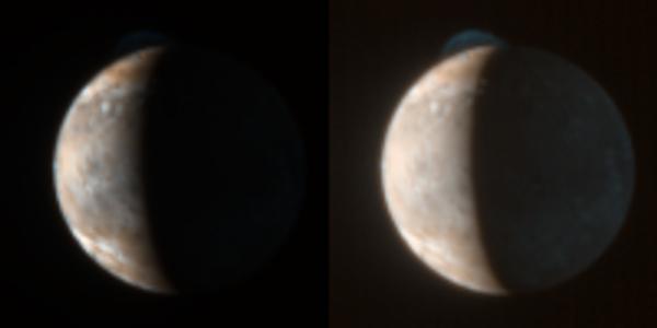 Tvashtar Eruption from New Horizons
Caption NASA:"This New Horizons image of Jupiter's volcanic moon Io was taken at 13:05 Universal Time during the Spacecraft's Jupiter flyby on February 28, 2007. It shows the reddish color of the deposits from the giant volcanic eruption at the volcano Tvashtar, near the top of the sunlit crescent, as well as the bluish plume itself and the orange glow of the hot lava at its source. The relatively unprocessed image on the left provides the best view of the volcanic glow and the plume deposits, while the version on the right has been brightened to show the much fainter plume, and the Jupiter-lit night side of Io. 

New Horizons' color imaging of Io's sunlit side was generally overexposed because the Spacecraft's color camera, the super-sensitive Multispectral Visible Imaging Camera (MVIC), was designed for the much dimmer illumination at Pluto. However, two of MVIC's four color filters, the blue and "Methane" filter (a special filter designed to map Methane frost on the Surface of Pluto at an infrared wavelength of 0.89 microns), are less sensitive than the others, and thus obtained some well-exposed views of the surface when illumination conditions were favorable. Because only two color filters are used, rather than the usual three, and because one filter uses infrared light, the color is only a rough approximation to what the human eye would see. 

The red color of the Tvashtar plume fallout is typical of Io's largest volcanic plumes, including the previous eruption of Tvashtar seen by the Galileo and Cassini Spacecrafts in 2000, and the long-lived Pele plume on the opposite side of Io. The color likely results from the creation of reddish three-atom and four-atom Sulfur molecules (S3 and S4) from plume gases rich in two-atom Sulfur molecules (S2 After a few months or years, the S3 and S4 molecules recombine into the more stable and familiar yellowish form of Sulfur consisting of eight-atom molecules (S8), so these red deposits are only seen around recently-active Io volcanos. 

Though the plume deposits are red, the plume itself is blue, because it is composed of very tiny particles that preferentially scatter blue light, like smoke. Also faintly visible in the left image is the pale-colored Prometheus plume, almost on the edge of the disk on the Equator at the 9 o'clock position. 

Io was 2,4 MKM from the Spacecraft when the picture was taken, and the center of Io's disk is at 77° West Longitude, 5° South Latitude. The Solar Phase Angle (such as the angle formed by the Sun, Io and New Horizons) was 107°".
Parole chiave: Jupiter's Moon - Io