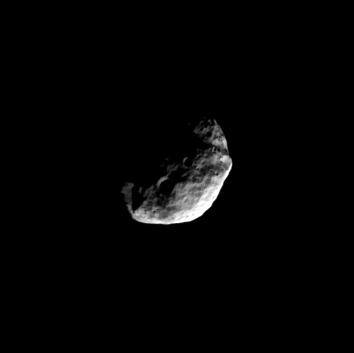 Janus' North Polar Regions
Caption NASA:"On a high-inclination orbit of Saturn, the Cassini Spacecraft gazes down at the North Polar Region of Janus. 

This view looks toward Janus (about 179 Km, or approx. 111 miles across) from a perspective 72° North of the moon's Equator. The image was taken with the Cassini Spacecraft narrow-angle camera on July 14, 2008 using a spectral filter sensitive to wavelengths of infrared light centered at 752 nanometers. The view was acquired at a distance of approx. 259.000 Km (about 161.000 miles) from Janus and at a Sun-Janus-Spacecraft, or Phase, Angle of 78°. 
Image scale is roughly 2 Km (5085 feet) per pixel".
Parole chiave: Saturn's Moon - Janus