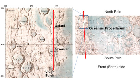 The View on Map: Oceanus Procellarum
The West Area of the "Oceanus Procellarum" shot by the second image taking (encircled by a blue line) and KAGUYA's orbit (red arrow).

Parole chiave: Maps