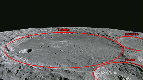 Some Lunar Geography from Kaguya: around Leibnitz Crater (FarSide)
Leibnitz Crater - Coord.: 38,3° South Lat. and 179,2° East Long; Diam.: about 245 Km
Davisson Crater - Coord.: 37,5° South Lat. and 174,6° West Long.; Diam.: about 87 Km
Finsen Crater - Coord.: 42,0° South Lat. and 177,9° West Long.; Diam.: about 72 Km
Parole chiave: The Moon from orbit - Craters - Leibnitz; Davisson and Finsen
