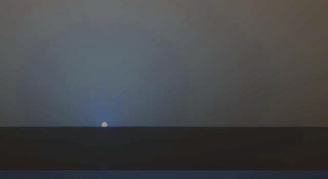 Sunset over Meridiani Planum - Sol 2411 (credits: NASA/JPL-Caltech/Cornell/Texas A&M)
The Sun descends to the Martian Horizon and sets in this image from the PanCam on NASA's Mars Exploration Rover Opportunity. The Rover Team uses the PanCam to view Sunsets a few times a year, when the Rover power is adequate, as a way to monitor distribution and variability of Dust in the Lower Atmosphere. 

This picture has been taken taken through the PanCam's 440 nanometer-wavelength (blue), and 864 nanometer-wavelength (near InfraRed) filters, on Opportunity's 2411th Martian Day, or Sol (such as Nov., 5, 2010). The Sun's glare saturated part of the image and so part of the the glare has been removed and then it has been inserted a non-saturated image of the Sun, taken from the previous day's imaging using PanCam's special solar filter. 

The end result simulates watching the Sun set on Mars using a good pair of dark sunglasses.
Parole chiave: The Sun from Mars - Martian Sunset