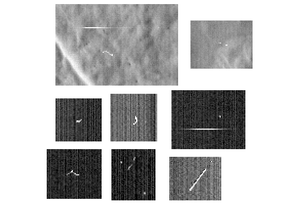 Photoartifacts?
The image shows two portions of the Isidis Planitia image (PSP_002136_1920) with bright noise at top, and 6 examples of bright noise seen in the cruise images; all are from the original, unprocessed images.
Parole chiave: Mars from orbit - Isidis Planitia & photoartifacts