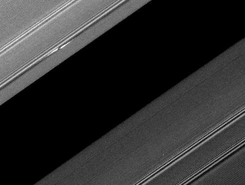 Saturnian "Propeller": Earhart
A propeller-shaped structure created by an unseen moon is brightly illuminated on the Sunlit Side of Saturn's Rings in this image obtained by NASA's Cassini Spacecraft.

The moon, which is too small to be seen, is at the center of the Propeller Structure visible in the upper left of the image, near the Encke Gap of the A-Ring. The A-Ring is the outermost of Saturn's Main Rings.
The moon is likely about 1 Km (a little moere than half a mile) across. Disturbed ring material to the upper left and lower right of the moon reflects Sunlight brightly and appears like a white airplane propeller. 

Several density waves are also visible in the Ring. A spiral density wave is a spiral-shaped accumulation of particles that tightly winds many times around the Planet. It is the result of gravitational tugs by individual moons whose orbits are in resonance with the particles' orbits at a specific distance from Saturn.

A Propeller's appearance changes with viewing geometry, and this image shows the way a Propeller looks when viewed from the sunlit side of the Rings. Contrasts can reverse when the structure is observed on the dark side of the Rings: for example, the bright structure of this Propeller corresponds to the dark portion at the center of the propeller seen in PIA12791 which was imaged from the unilluminated side of the Rings.
This image is part of a growing catalogue of "Propeller Moons" that, despite being too small to be seen, enhance their visibility by creating larger disturbances in the surrounding fabric of Saturn's Rings. Cassini scientists now have tracked several of these individual Propeller Moons embedded in Saturn's disk over several years. 

These images are important because they represent the first time scientists have been able to track the orbits of objects in space that are embedded in a disk of material. Continued monitoring of these objects may lead to direct observations of the interaction between a disk of material and embedded moons. Such interactions help scientists understand fundamental principles of how Solar Systems formed from disks of matter. Indeed, Cassini scientists have seen changes in the orbits of these moons, although they don't yet know exactly what causes these changes. 

Imaging scientists nicknamed the Propeller shown here "Earhart" after the early American aviatrix Amelia Earhart. The Propeller Structure is about 5 Km (a little more than 3 miles) in the radial dimension (the dimension moving outward from Saturn which is far out of frame to the lower right of this image). It is about 60 Km (approx. 35 miles) in the azimuthal (longitudinal) dimension.
This same Propeller can be seen casting a shadow around the time of the Planet's Equinox in PIA11672. See PIA07791 and PIA07792 to learn more about Propeller shapes and to see smaller Propellers.

Scale in the original image was about 2 Km (about 1,3 miles) per pixel. The image has been rotated and contrast-enhanced to aid visibility.

This view looks toward the Southern, sunlit side of the Rings from about 81° below the Ring-Plane. The image was taken in Visible Light with the Cassini Spacecraft narrow-angle camera on April 11, 2008. The view was obtained at a distance of approx. 364.000 Km (such as about 226.000 miles) from Saturn and at a Sun-Saturn-Spacecraft, or Phase, Angle of 82°.
Parole chiave: Saturn - Propeller