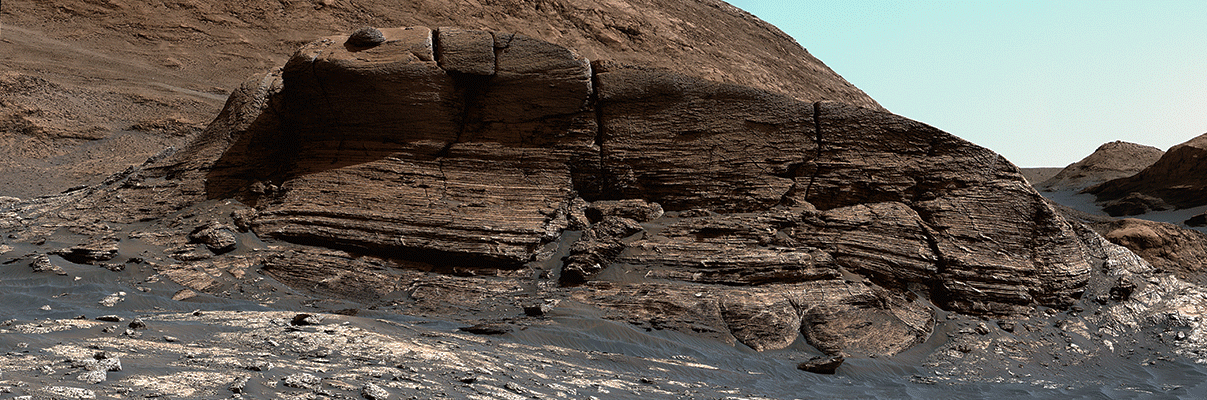 Mont Mercou - Sol 3049 (GIF - Movie)
"NASA’s Curiosity Mars rover used its Mastcam instrument to take the 32 individual images that make up this panorama of the outcrop nicknamed “Mont Mercou.” It took a second panorama, rolling sideways 13 feet (4 meters), to create a stereoscopic effect similar to a 3D viewfinder. The effect helps scientists get a better idea of the geometry of Mount Mercou’s sedimentary layers, as if they’re standing in front of the formation.

Both panoramas were taken on March 4, 2021, the 3,049th Martian day, or sol, of the mission, from a distance of about 130 feet (40 meters) from the cliff face, which is about 20 feet (6 meters) tall. They have been white-balanced so that the colors of the rock materials resemble how they would appear under daytime lighting conditions on Earth".
Parole chiave: Mars Panorama