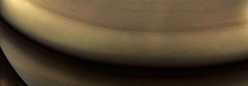 The End....
Caption NASA originale:"This view of Saturn looks toward thePplanet's Night Side, only lit by Sunlight reflected from the Rings. 
A mosaic of some of the very last images captured by Cassini's cameras, shows the location where the Spacecraft would have entered the Planet's Atmosphere a few hours later. An annotated view (see the next frame) marks the entry site with an oval. While this area was on the Night Side of the Planet at the time, it would rotate into daylight by the time Cassini made its final dive into Saturn's Upper Atmosphere, ending its remarkable 13-year exploration of Saturn.

Images taken using red, green and blue spectral filters were combined to show the scene in Near Natural Colors. The images were taken with Cassini's wide-angle camera on Sept. 14, 2017, at a distance of approx. 394.000 miles (such as a little more than 634.000 Km) from Saturn.

The Cassini spacecraft ended its mission on Sept. 15, 2017".
Parole chiave: Saturn