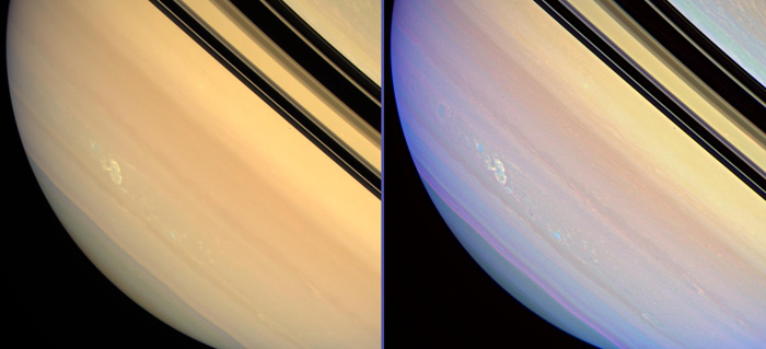 Saturnian Storm and Lightnings (EDM  - credits: NASA/JPL/SSI)
A monster storm spawning bolts of lightning 10.000 times more powerful than any seen on Earth is raging on the Ringed Planet Saturn.
The powerful electrical storm cropped up in Saturn's Southern Hemisphere five months ago, when it was first spotted by NASA's Cassini Spacecraft, and has persevered to become the Planet's longest continuously recorded tempest to date.

"We saw similar storms in 2004 and 2006 that each lasted for nearly a month, but this storm is longer-lived by far, said Georg Fischer, an associate with Cassini's radio and plasma wave science team at the University of Iowa, Iowa City, in a statement. And it appeared after nearly two years during which we did not detect any electrical storm activity from Saturn." 

Cassini's radio and plasma wave science instrument first picked up signals from the storm's lightning bursts on Nov. 27, 2007, with the probe's cameras catching their first visual glimpse on Dec. 6. Images of the storm show it as a smudge on Saturn's otherwise creamy cloud bands.

"The electrostatic radio outbursts have waxed and waned in intensity for five months now," Fischer said.

Electrical storms on Saturn are similar to thunderstorms on Earth, but much larger. They can span thousands of miles and generate radio bursts from lightning that can be thousands of times more powerful than Earthly lightning bolts, said mission scientists, who named a massive lightning storm in 2004 "Dragon".

The current electrical tempest is mired in a region of Saturn that mission scientists have dubbed "Storm Alley" because of its frequent and intense storms. Every few seconds the storm belches intense radio pulses consistent with lightning that can be detected even when the weather itself is over the horizon and out of direct view from Cassini.
Researchers hope that by tracking the Saturnian weather, they may gain new insights into the processes behind the Planet's lightning, as well as how it changes as the seasons shift from Summer to Autumn in Saturn's Southern Hemisphere.

In order to see the storm, the imaging cameras have to be looking at the right place at the right time, and whenever our cameras see the storm, the radio outbursts are there," said Ulyana Dyudina, a Cassini imaging team associate at the California Institute of Technology in Pasadena, Calif.

Cassini's onboard instruments have tracked the storm every 10 hours and 40 minutes, when Saturn's rotation brings it into view, though amateur astronomers are also watching over the tempest from Earth.
"Since Cassini's camera cannot track the storm every day, the amateur data are invaluable," said Fischer. "I am in continuous contact with astronomers from around the world."

Launched in 1997, Cassini arrived at Saturn in 2004 and has spotted a series of odd storms while studying the Ringed Planet and its many moons. The probe has captured views of a hurricane-like storm near the South Pole of Saturn and recorded a massive lightning storm about 2175 miles wide (3500,3145 Km) wide in 2006.
Parole chiave: Saturn - Upper Atmosphere