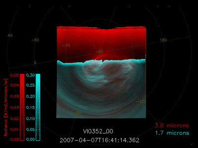 Venusian South Polar Vortex through Venus Express (1)
This composite video sequence was obtained by the Ultraviolet, Visible and Near-Infrared Mapping Spectrometer (VIRTIS) on board ESA’s Venus Express. 
The single images were taken from 7 to 11 April 2007 over 5 different orbits. In each orbit the images were collected over a time span of 8 hours and were separated by about half an hour. The average distance from the Planet was about 65.000 Km. 
The Latitude of the observed area spans 50 to 90° South. The Longitude spans about 20 to 150° East. 
The video shows details of the Planet’s South Pole in RGB colour. The data obtained at 1.7 microns is shown in blue, while those obtained at 3.8 microns is represented in red. 
Using specific wavelengths (3.8 and 1.7 microns, respectively), the observations allowed the imaging of the day and night areas around the South Pole simultaneously, at different depths (at about 65 Km and below the cloud deck, respectively) simultaneously. The intersection between the polar atmospheric structures seen at different wavelengths is visible well, due to the optical properties of the clouds. 

Parole chiave: Venus - Upper Atmosphere