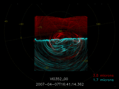 Venusian South Polar Vortex through Venus Express (2)
This composite video sequence was obtained by the Ultraviolet, Visible and Near-Infrared Mapping Spectrometer (VIRTIS) on board ESA’s Venus Express. 
The single images were taken from 7 to 11 April 2007 over 5 different orbits. In each orbit the images were collected during a time span of 8 hours and were separated by about half an hour. The average distance from the Planet was about 65.000 Km. 
The Latitude of the observed area spans from 90 to 50° South. The Longitude spans from about 20 to 150° East. 
The video shows details of the Planet’s South Pole with edge-enhanced contrast. 
Using specific wavelengths (3.8 and 1.7 microns, respectively), the observations allowed the imaging of the day and night areas around the South Pole simultaneously, at different depths (at about 65 Km and below the cloud deck, respectively) simultaneously. The intersection between the polar atmospheric structures seen at different wavelengths is visible in good detail, due to the optical properties of the clouds.
Parole chiave: Venus - Upper Atmosphere