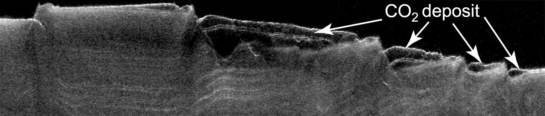 Cross-Section of buried Carbon-Dioxide (CO2) Ice on Mars
Caption NASA:"This cross-section view of underground layers near Mars' South Pole is a radargram based on data from the Shallow Subsurface Radar (SHARAD) instrument on NASA's Mars Reconnaissance Orbiter. Researchers interpret the zone that is nearly free of radio-wave reflections (hence dark in the radargram) to be composed of frozen Carbon Dioxide, or "dry ice."

The newly found deposit of dry ice contains enough CO2 to dramatically increase the total amount of Atmosphere on Mars when it will vaporize, as climate models suggest it does at times when the Planet's Tilt increases. Mars' current Atmosphere is about 95% Carbon Dioxide, and this deposit contains up to about 80% as much Carbon Dioxide as the Atmosphere does.

This cross-section covers a transect about 330 Km (approx. 205 miles) long in a Region from about 86° to 87° South Latitude and 280° to 10° East Longitude. The vertical dimension of the graphic is time delay of the radar echoes. The depth of the tallest portion of the cross-section corresponds to about 20 microseconds difference in time delay, which can be converted to roughly 1,7 Km (a little more than 1 mile). 

(SHARAD was provided by the Italian Space Agency. Its operations are led by Sapienza University of Rome, and its data are analyzed by a joint U.S.-Italian science team. NASA's Jet Propulsion Laboratory, a division of the California Institute of Technology in Pasadena, manages the Mars Reconnaissance Orbiter for the NASA Science Mission Directorate, Washington. Lockheed Martin Space Systems, Denver, built the Spacecraft)
Parole chiave: Mars from orbit - South Pole