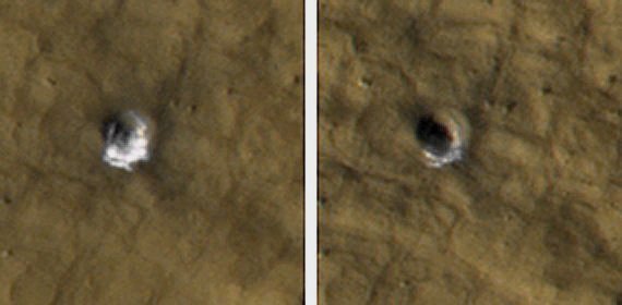 Subsurface Ice (Natural Colors; credits: Lunexit)
The High Resolution Imaging Science Experiment camera on NASA's Mars Reconnaissance Orbiter took these images of a fresh, 6-meter-wide (20-foot-wide) crater on Mars on Oct. 18, 2008, (left) and on Jan. 14, 2009. Each image is about 35 meters (115 feet) across. 
This crater's depth is estimated to be 1,33 meters (4,4 feet). 

Images (not shown here) taken by the Thermal Emission Imaging System camera on NASA's Mars Odyssey orbiter and by the Context Camera on the Mars Reconnaissance Orbiter show that the impact that excavated this crater occurred sometime between Dec. 22, 2008 and July 5, 2008. 

The impact exposed water ice from below the Surface. It is the bright material visible in this pair of images. The change in appearance from the earlier image to the later one resulted from some of the ice sublimating away during the Martian Northern-Hemisphere Summer, leaving behind dust that had been intermixed with the ice. The thickening layer of dust on top obscured the remaining ice. 

This crater is at 43,28° North Latitude and 164,22° East Longitude.
Parole chiave: Mars from orbit - Craters - Fresh Crater