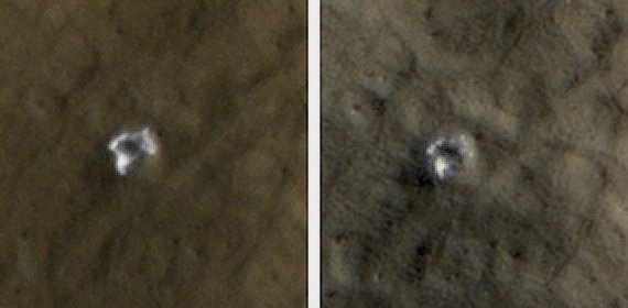 Subsurface Ice (Natural Colors; credits: Lunexit)
This 6-meter-wide (20-foot-wide) Impact Crater located in Mid-Latitude Northern Mars was created by an impact that occurred between Jan. 22, 2008, and Sept. 15, 2008, as bracketed by before-and-after images (not shown here). 

The images shown here were taken by the High Resolution Imaging Science Experiment camera on NASA's Mars Reconnaissance Orbiter on Oct. 29, 2008, (left) and on Jan. 4, 2009. Each image is about 35 meters (115 feet) across. 
The crater's depth is estimated to be 1,76 meters (5,8 feet). 

The impact that dug the Crater excavated water ice from beneath the Surface. It is the bright material visible in this pair of images. A change in appearance from the earlier image to the later one resulted from some of the ice sublimating away during the Northern-Hemisphere Summer, leaving behind dust that had been intermixed with the ice. The thickening layer of dust on top obscured some of the remaining ice. 

This crater is at 45,05° North Latitude and 164,71° East Longitude.
Parole chiave: Mars from orbit - Craters - Fresh Crater