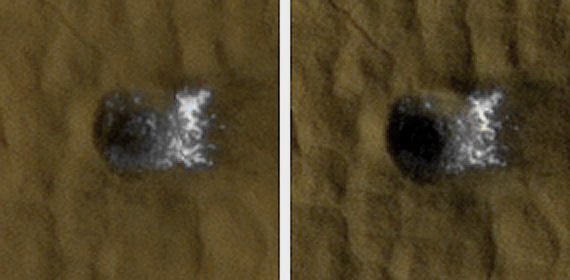 Subsurface Ice (Natural Colors; credits: Lunexit)
This 12-meter-wide (39-foot-wide) Impact Crater located in Mid-Latitude Northern Mars was created by an impact that occurred between July 3, 2004, and June 28, 2008, as bracketed by before-and-after images (not shown here). 
The images shown here were taken by the High Resolution Imaging Science Experiment camera on NASA's Mars Reconnaissance Orbiter on Nov. 19, 2008, (left) and on Jan. 8, 2009. Each image is about 35 meters (115 feet) across. 

The impact that dug the Crater excavated water ice from below the Surface. It is the bright material visible in this pair of images. This Crater is at 46,16° North Latitude and 188,51° East Longitude.
Parole chiave: Mars from orbit - Craters - Fresh Crater