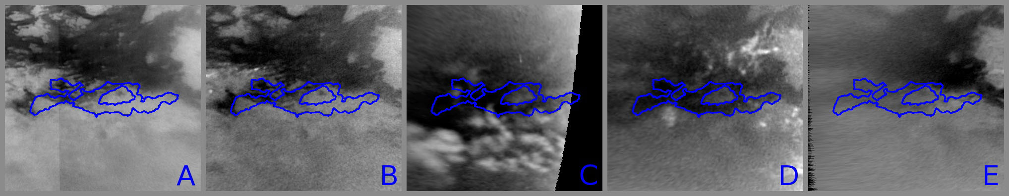 Titanian "Deluge"
Caption NASA:"This series of images from NASA's Cassini Spacecraft shows changes on the Surface of Saturn's moon Titan, as the transition to Northern Spring brings Methane Rains to the moon's Equatorial Latitudes. Some of the most significant changes appear within a period of only a couple of weeks.
The brightest objects seen in these images are Methane Clouds in the Troposphere, such as the lowest part of the Atmosphere, which are most visible on the left of panel B, the lower half of panel C, and the right of panel D. 
Surface features appear in shades of gray. 

These images show changes (outlined area) along the Southern Boundary of a Dunefield near the Equator named Belet. Dark Belet occupies most of the top of these images (Belet looks dark because it is made from different materials than neighboring areas).

Titan's Equatorial Latitudes are mostly arid. However, scientists interpret the changes seen in these images to be evidence of Methane Rain wetting the Surface. Scientists have monitored the brightness of Titan's Surface, including this area, for years and have ruled out other possible causes of the changes. In these images, some of the dark areas grow larger and then recede within weeks. The maximum extent of the changes is shown with a blue outline.

Years ago, images from the European Space Agency's Huygens probe and the Cassini radar instrument revealed Dry Channels near the Equator. The new observations suggest the climate here is similar to that in the South-Western part of the United States, where infrequent Rain carves washes and riverbeds.

Titan's weather has been changing with the Seasons, and Storms now are more common at low Latitudes, such as those observed here. An arrow-shaped Storm cloud several hundred kilometers across was observed on Sept. 27, 2010. 

The first image in this montage, panel A on the left, was taken early in the Cassini Mission on Oct. 22, 2007, and shows how this Region had appeared before the Storms. 
The second image, panel B, was taken on Sept. 27, 2010. The huge arrow-shaped Cloud is just out-of-frame to the left in panel B. 
The arrow-shaped cloud was quickly followed by extensive changes on the Surface that can be seen in panel C, an image captured on Oct. 14, 2010. These changes cover an area of approx. 500.000 square Km (310.500 square miles), roughly the combined area of Arizona and Utah in the United States.
The wet Terrain can still be seen about a month after the storm in panel D, which was taken on Oct. 29, 2010. 
But by Jan. 15, 2011, which was the date of panel E, the area mostly appears dry and bright, with a much smaller area still dark (such as wet).

These images were re-projected, and the view in each is centered on Terrain at 19° South Latitude and 251° West Longitude. 
Images in panels A, B, D, and E were taken with the Cassini Spacecraft narrow-angle camera using a spectral filter sensitive to wavelengths of Near-InfraRed Light centered at 938 nanometers. 
The image in panel C was taken with the Cassini wide-angle camera using the same filter. The views were obtained at a range of distances from approx. 211.000 Km (131.031 miles) to about 1,85 MKM (such as 1.148.850 miles) from Titan. 
Scale is about 7 Km (4,3469 miles) per pixel in these re-projected images".
Parole chiave: Titan